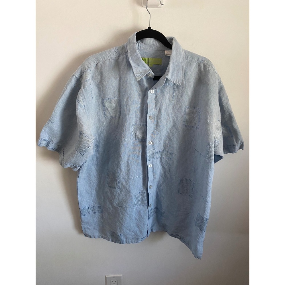 Maxini Mens XL Light Blue 100% Linen Embroidered Short Sleeve Button Down Shirt